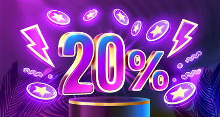 Mega sale special offer, Neon 20 off sale banner. Sign board promotion. Vector illustration