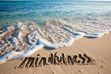 Fototapeta na wymiar Mindfulness concept, the word mindfulness written in the sand at a beach