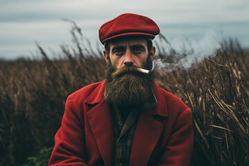 A man wearing a red clothing smoke a pipe. Generative AI - obrazy, fototapety, plakaty