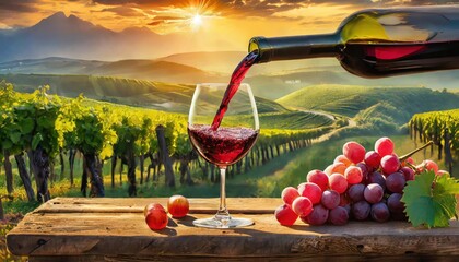 Wine glass with pouring white wine and vineyard landscape in sunny day. Winemaking concept, copy...