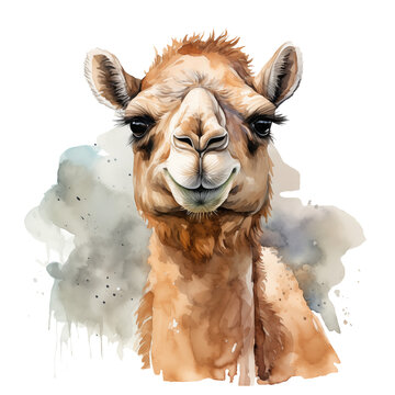 Portrait of a cute Camel looking at the camera  watercolor illustration png isolated on a transparent background, desert animals clipart 