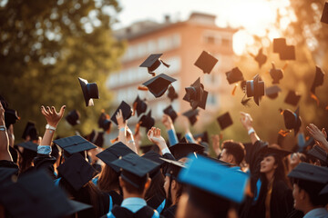 Graduates near university are throwing up hats in the air - obrazy, fototapety, plakaty