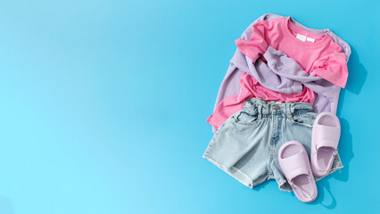 A set of stylish children's clothes on a blue background. Comfortable clothes for a girl. Copy space