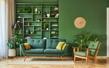 Modern living room. modern living room with Green sofa and chair against green wall with book shelf