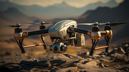 High-tech military drone flying over a desert landscape during a reconnaissance mission - obrazy, fototapety, plakaty