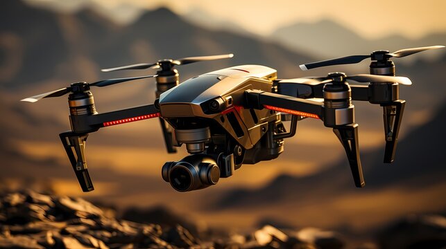 High-tech military drone flying over a desert landscape during a reconnaissance mission