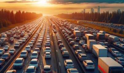 Fototapeta premium many cars are stuck in a traffic jam on a multi-lane highway at sunset