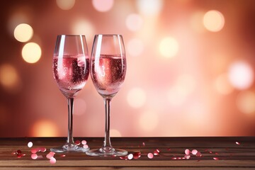 Valentine s day champagne glasses and confetti on pink background with copy space