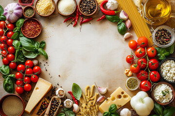 Fototapeta na wymiar Frame from italian Ingredients for healthy foods selection on a beige background