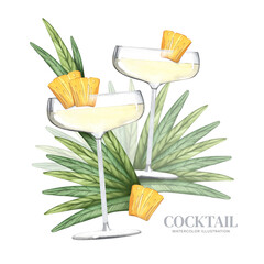 Glass of champagne with exotic fruits and leaves. Alcoholic drink with pineapple slice. Fashionable cocktail. Pineapple detox. Watercolor illustration for background design, menu, cocktail card