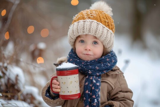 A young child braves the winter weather, bundled up in a cozy bonnet and knit cap, holding a mug with a look of wonder and joy on their face