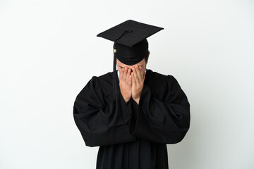 Young university Russian graduate isolated on white background with tired and sick expression