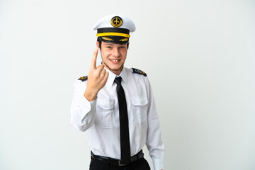 Airplane Russian pilot isolated on white background doing coming gesture