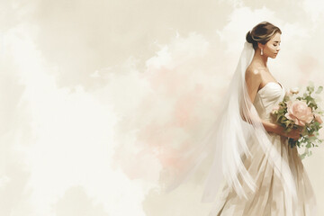 Fototapeta na wymiar A bride in a white dress holding a bouquet.