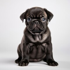 small and touching pug puppy on a white background