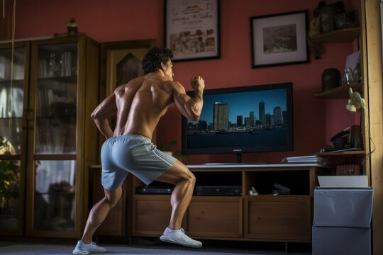 Sport activities at home. Young man watches online exercises and doing lunges in bright living room interior