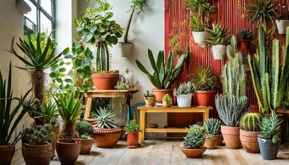 a home garden interior filled with an eclectic mix of beautiful plants, such as cacti, succulents, and air plants, each housed in uniquely designed pots. Integrate a vibrant red wall paneling to form 