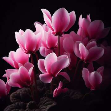Cyclamen isolated on black background. Flowers and plants in spring. AI generated