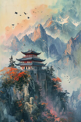 Obraz premium Painting of an asian castle and birds on the top.