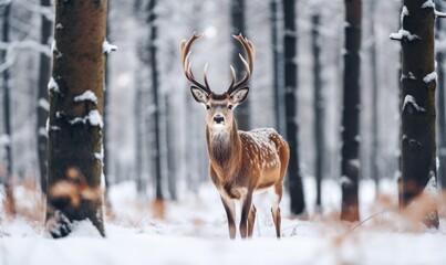 red deer with branched antlers in a winter snowy forest, sunset in winter, beauty of nature