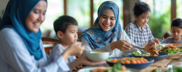 Happy Islamic woman enjoys with her family during meal at dining table