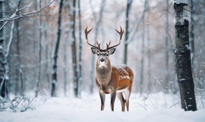 Naklejka na ściany i meble red deer with branched antlers in a winter snowy forest, sunset in winter, beauty of nature