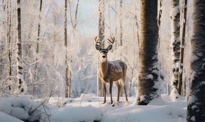 Fototapeta premium red horned deer in a winter snowy forest in the golden rays of the setting sun, sunset in winter, beauty of nature