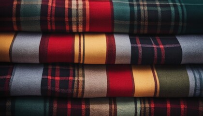 Tartan Scarfs in a Stack, luxury cashmere textured fabric with plaid pattern in stacking background
 - obrazy, fototapety, plakaty