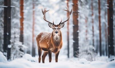 Naklejka na ściany i meble red horned deer in a winter snowy forest, beauty of nature