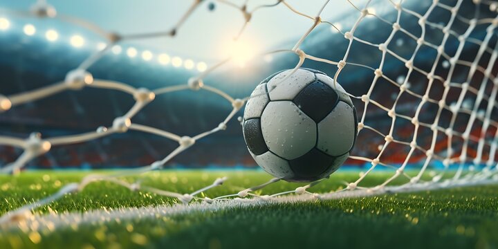 Soccer ball hits the net in a goal moment on a sunny day. active lifestyle and sports concept. perfect for sports content. AI