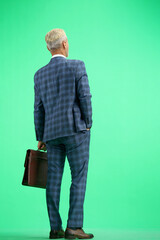 A man, full-length, on a green background, with a briefcase