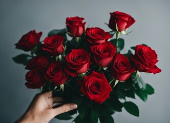 cropped hand holding a bouquet of red roses, isolated red background
