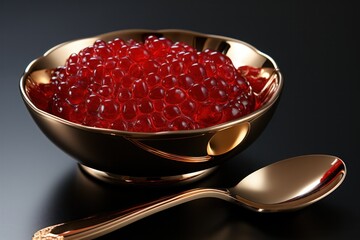 A close-up of a luxurious red caviar dish with a spoon, showcasing the gourmet seafood delicacy.