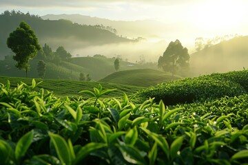 Green tea plantation at sunrise time,nature background - obrazy, fototapety, plakaty