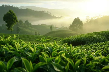Fotobehang Green tea plantation at sunrise time,nature background © Darya Lavinskaya