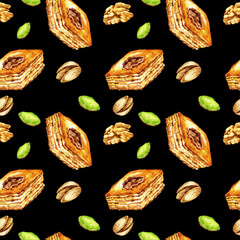 watercolor seamless pattern with oriental sweets and pistachio, illustration of traditional Turkish sweets, baklava with nuts, hand drawn sketch on black background