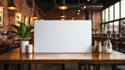Blank white poster mockup on wooden table for creative advertising in restaurant loft interior.