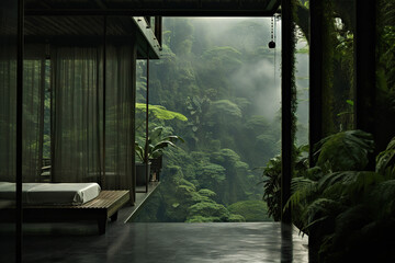 Luxury hotel with a view to a beautiful garden/rainforest with green plants.