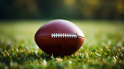 American football ball on green grass field copy space background background