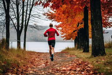 Fototapeta premium Whispering Footsteps: A Spirited Runner Embracing Serenity on the Enchanting Woodland Path