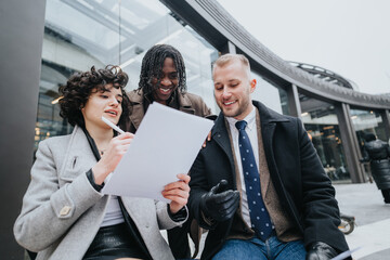 Three young business people enthusiastically discuss work while reviewing papers outside a modern office building.