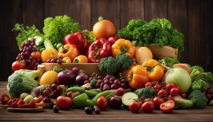 fresh vegetables and fruits on a Wooden Table with copy space

