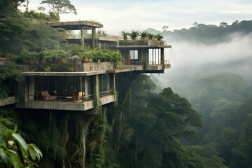 Fototapeta premium House in the middle of the rainforest in the mountains and clouds. Generative AI high resolution wallpaper.