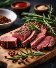 fresh raw steak meat on wooden board with rosemary and spice
