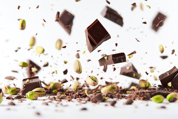 Pistachio and chocolate flying on white background