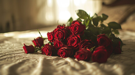 Fototapeta na wymiar Red roses on the bed in the morning. Selective focus. Valentine's Day concept