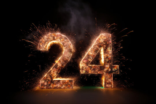 24 written in firework font on the dark black background, with the smoke behind. AI generated.