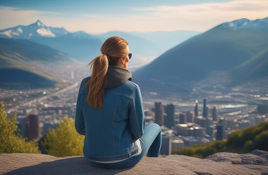 Adventure photo of young short haired woman sitting on the rock over the city with hill (Zobor) on background. Traveler (female model) resting and enjoying the view on the cityscape and landscape.