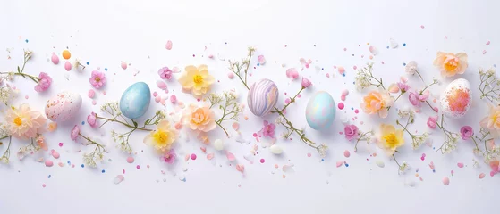 Fotobehang A creative arrangement of Easter eggs and a vibrant line of spring flowers on a white background. Easter card with copy space © petrrgoskov