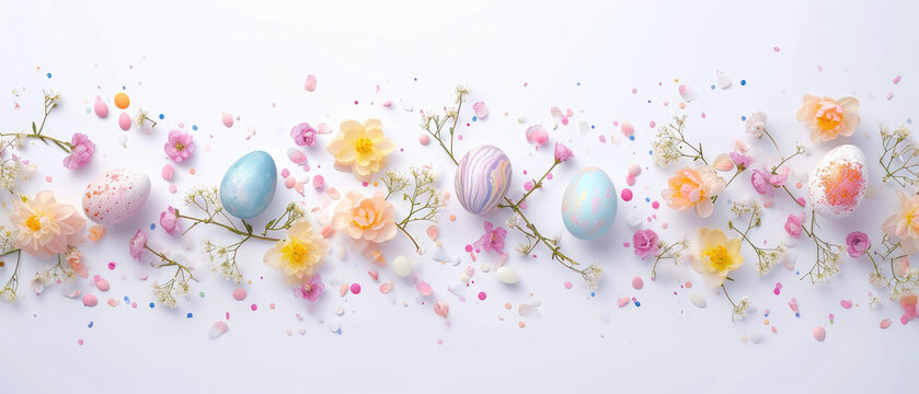 A creative arrangement of Easter eggs and a vibrant line of spring flowers on a white background. Easter card with copy space